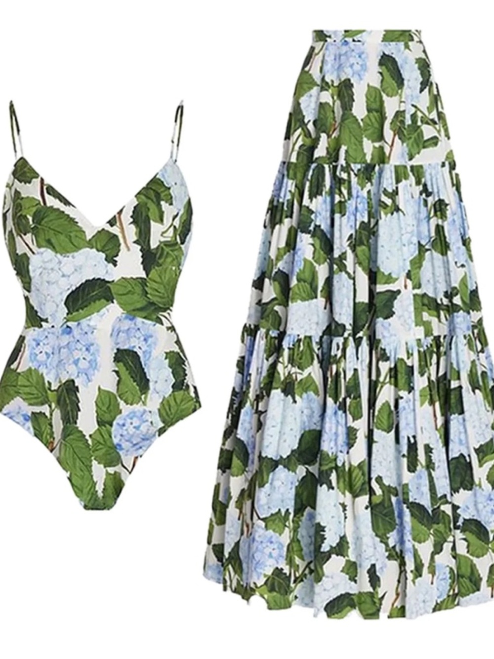 (9) NWT Floral Hydrangea Print Two-Piece Set — Blue & Green
